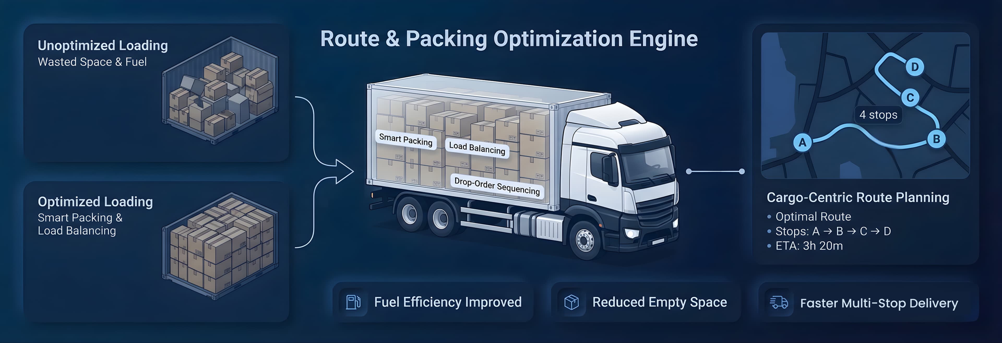 AI route optimization and smart packing analytics dashboard for logistics transportation
